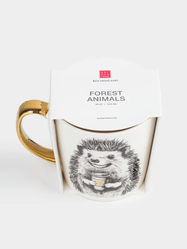 Кружка, 500 мл, фарфор N, бело-золотистая, Еж с кофе, Forest animals, image-4
