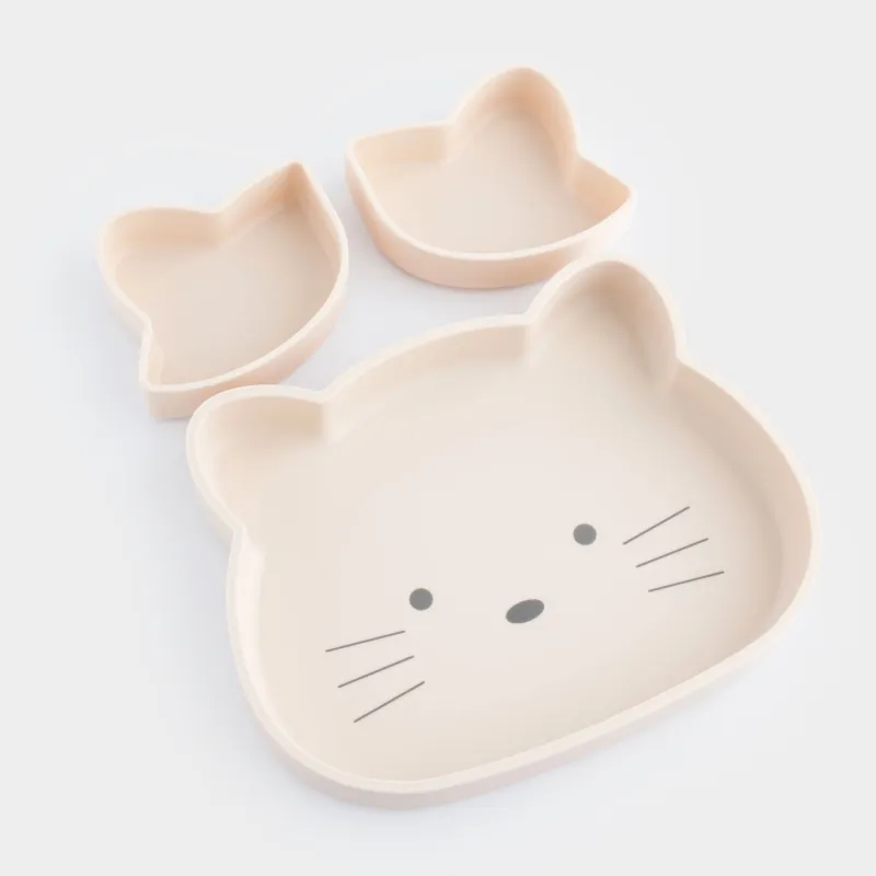 Балаларға арналған ыдыс-аяқ жинағы, 3 дана, силикон, сарғылт-қоңыр, Мысық, Kiddy, image-5