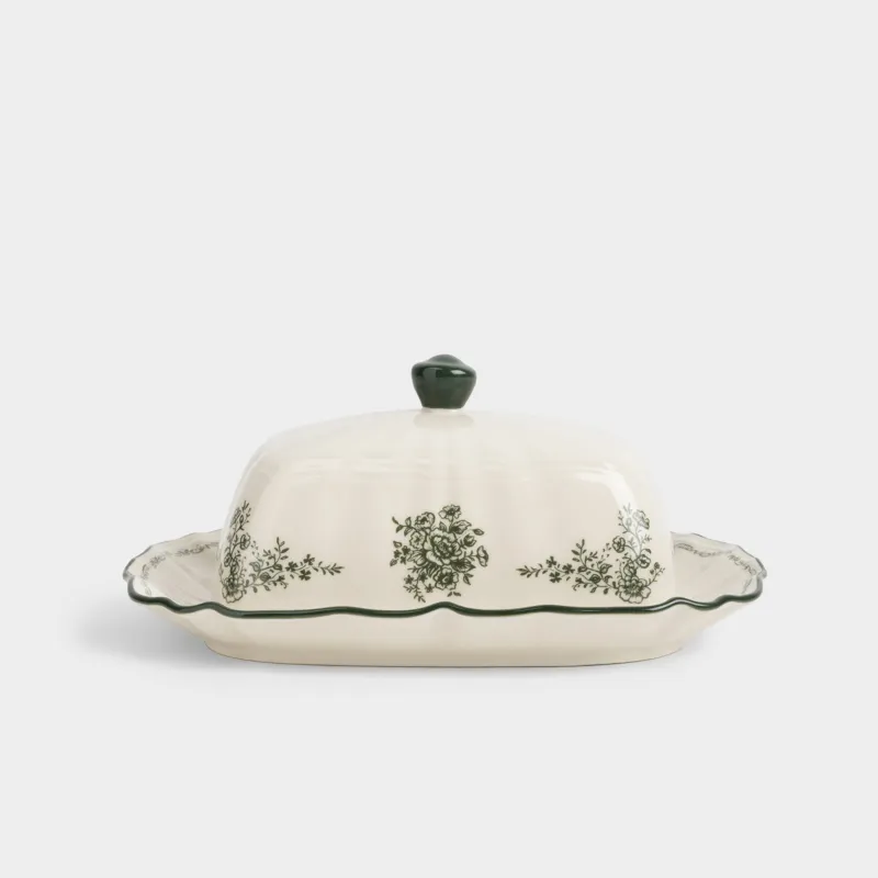 Сары май ыдысы, 20 см, фарфор P, тікбұрышты, сүт түстес, Жасыл гүлдер, Green lace