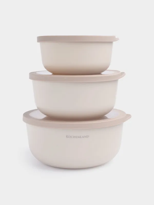 Набор мисок, 3 шт, с крышкой, пластик/силикон, бежевый, Galori, image-1