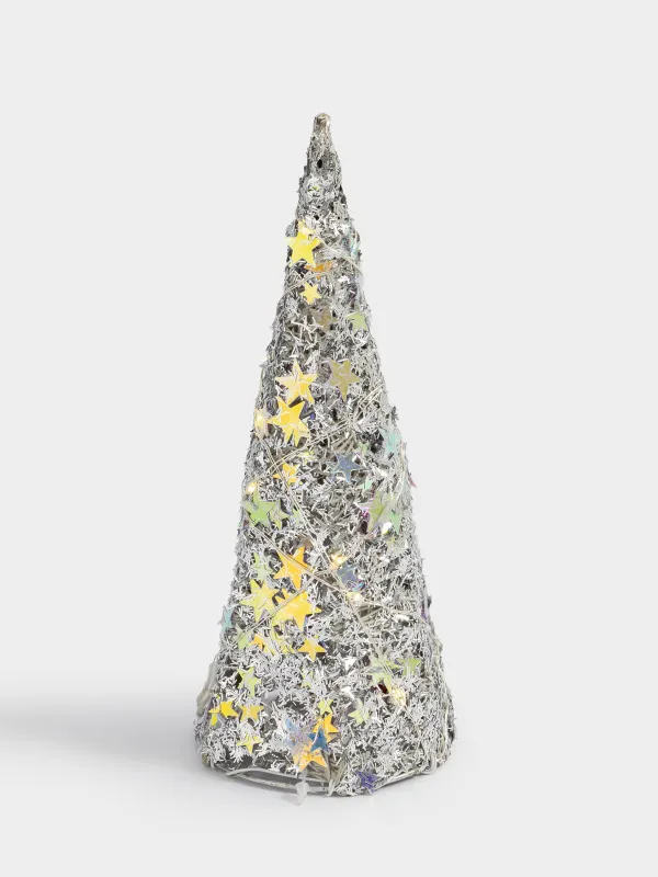 Шырша-конус, 20 см, жарықтандырылған, металл, шампан, Жұлдыздар, Frosty sparks, image-0