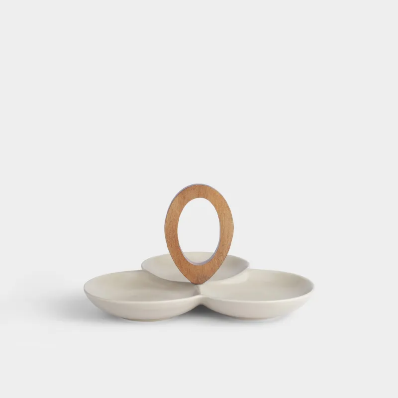 Менажница, с декором, 24 см, 3 отд, с ручкой, фарфор P/дерево, молочная, Ceramo noble