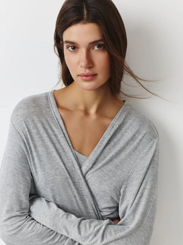 Кардиган женский, домашний, длинный, р. S, вискоза/спандекс, серый меланж, Aidila, image-2