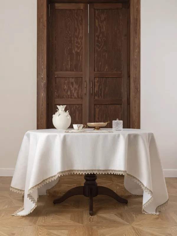 Дастархан, 160х160 см, полиэстер, ақ, Гүлді шілтер, Flower lace gold, image-0