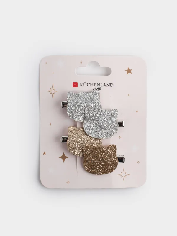 Шаш қыстырғыштар жинағы, 3 см, 4 дана, балаларға арналған, металл, күміс/шампан, Мысық, Cat, image-4