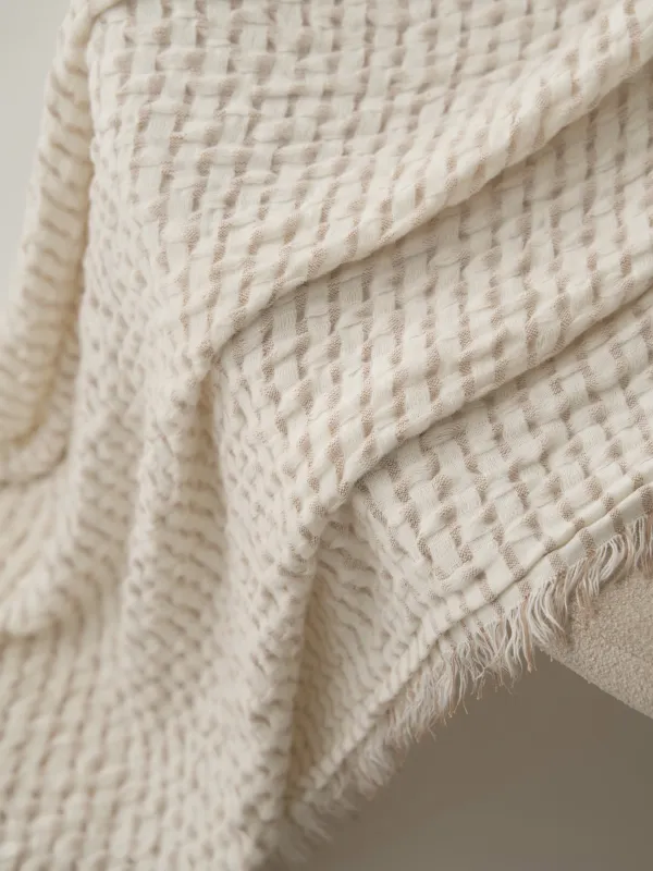 Жамылғы, 130х170 см, шашағы бар, акрил/полиэстер, сүтті сарғылт-қоңыр, Жолақтар, acrylic, image-1