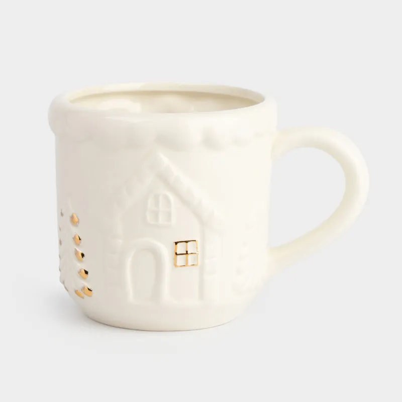 Саптыаяқ, 500 мл, керамика, сүт және алтын түстес, Шыршалары бар үй, Snow sparks