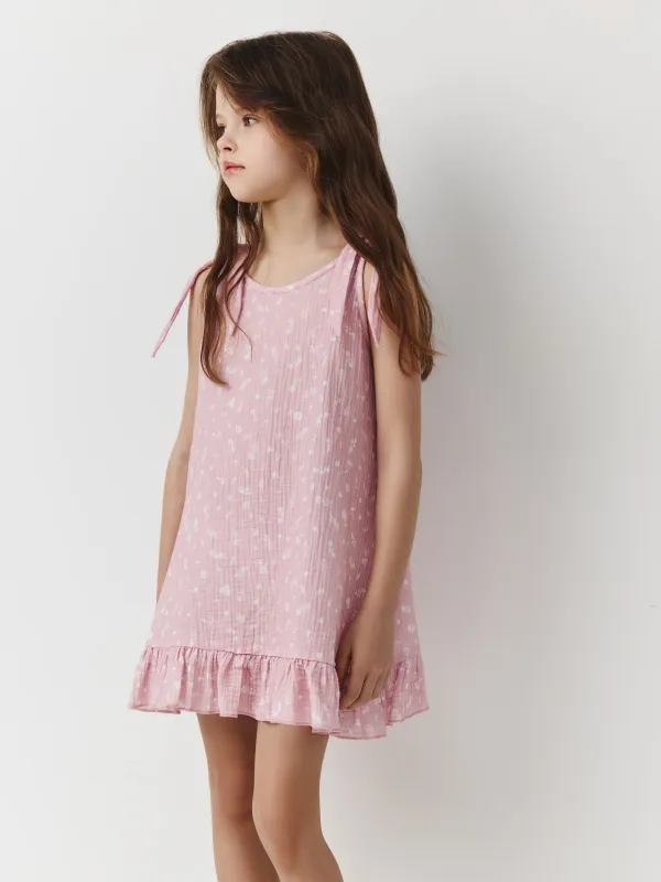 Балалар көйлегі, өлшемі 98 см, белдіктері бар, желбіршектері бар, муслин, қызғылт, Гүлдер, Hayley, image-0