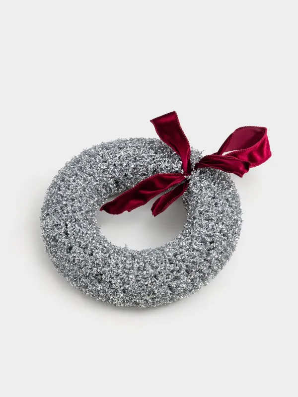 Венок декоративный, 30 см, пластик/металл, серебристый, Бант, Frosty sparks, image-1