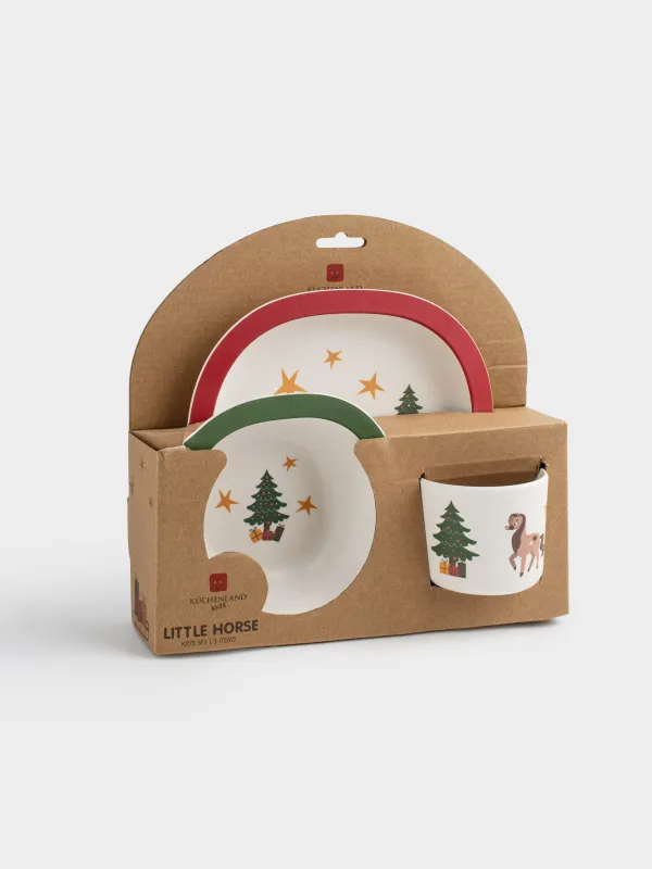 Ыдыс-аяқ жинағы, балаларға арналған, 3 дана, бамбук, қызыл-жасыл, Шыршасы бар жылқылар, Little horse, image-6