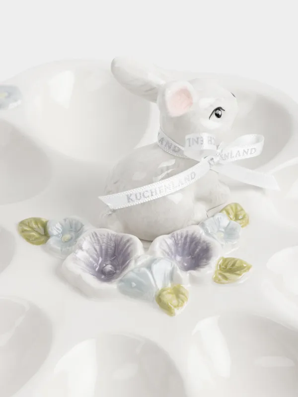 Пасха ыдысы, 22х9 см, 9 бөлім, керамика, сүт түстес және сұр, Гүлдер арасындағы қоян, Easter, image-1