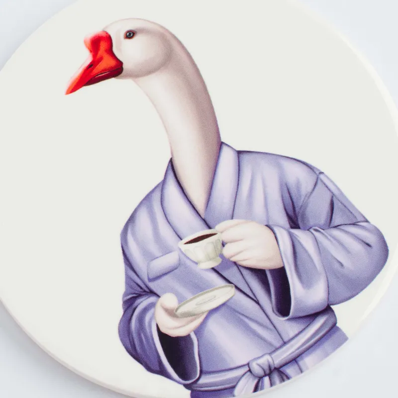 Подставка под кружку, 11 см, круглая, керамика/пробка, белая, Гусь в халате, Goose, image-2