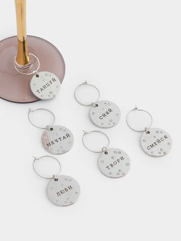 Бокалға арналған аспа, 6 дана, металл/страздары бар, күміс, медальондағы тілектер, Fantastic, image-3