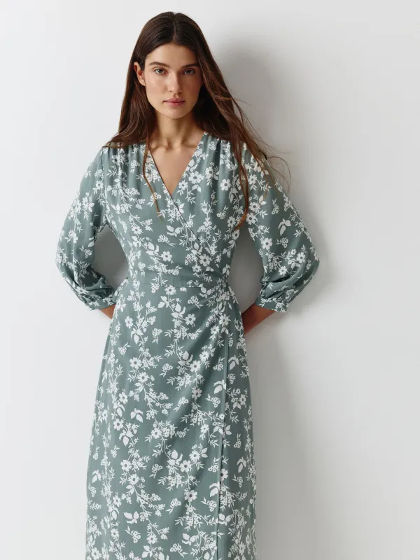 Әйелдер көйлегі, макси, өлшемі S, ұзын жеңді, вискоза, жасыл, Гүлдер, Marcia, image-0