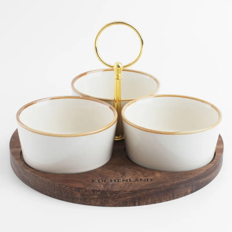 Набор для закусок, 3 пр, на подставке, с ручкой, керамика/дерево, молочный, Noble tree