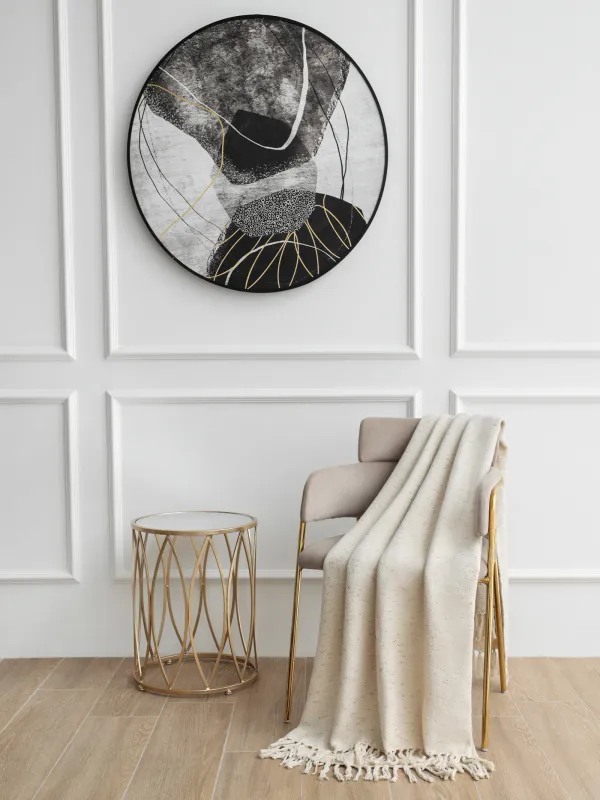 Плед, 130x170 см, с бахромой, хлопок/люрекс, бежевый, Зигзаги, Strike, image-0