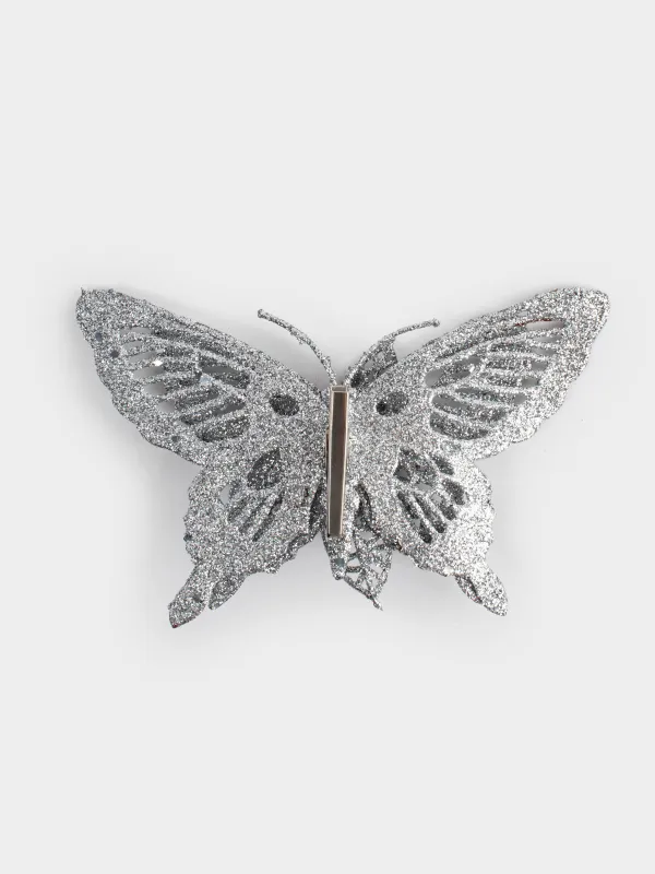 Сәндік әшекей, 16 см, қыстырғышта, пластик, күміс, Гүлі бар көбелек, Flower decor, image-3