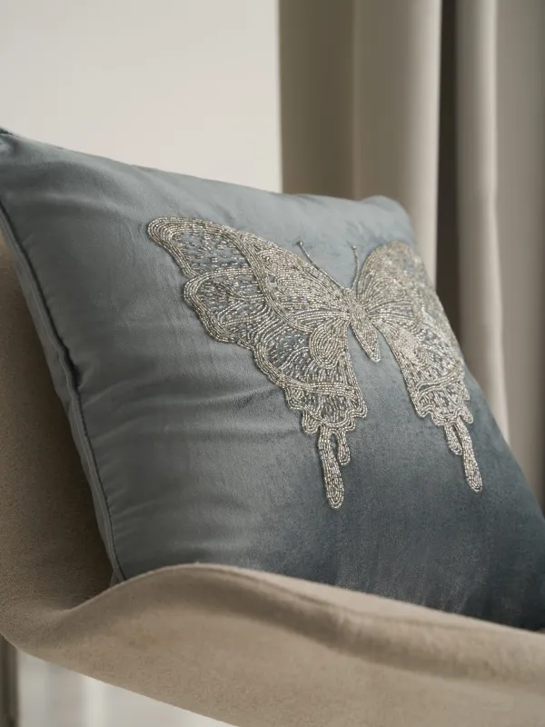 Сәндік жастық, 50х50 см, барқыт/моншақ, сұр, көбелек, Bugs, image-5