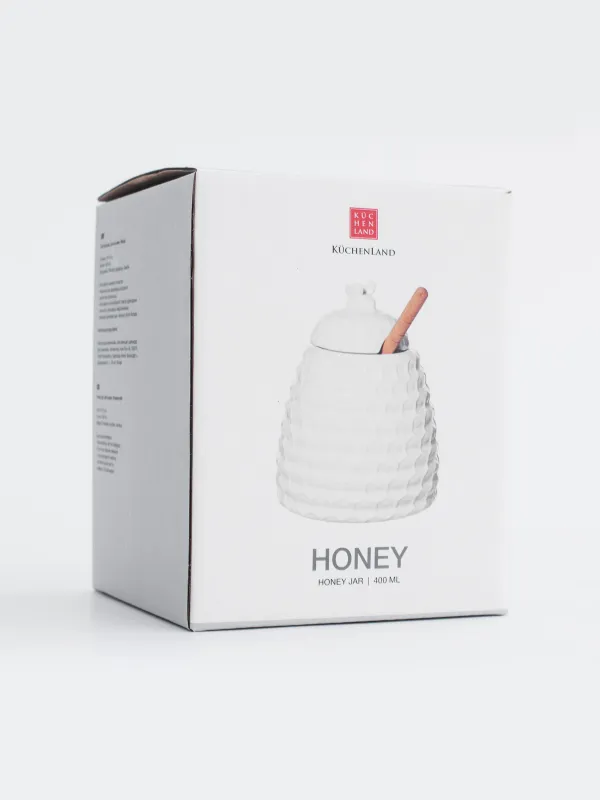 Банка для меда, 400 мл, с ложкой, фарфор P/бамбук, Соты, Honey , image-5