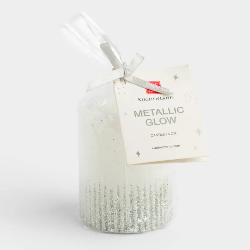 Шам, 8 см, цилиндрлік, жылтырақтары бар, ақ-күміс, Metallic glow, image-3