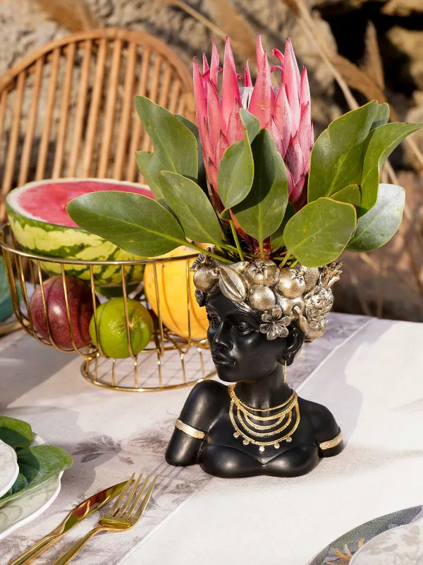 Сәндік ваза, 19 см, полирезин, қара және алтын, Жемісі бар қыз, Ethnic girls, image-6