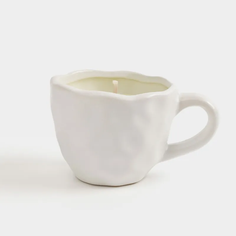 Хош иісті шам, 9 см, шам ұстағышта, керамика, ақ, хош иісті, мыжылған әсер, Crumple, image-1