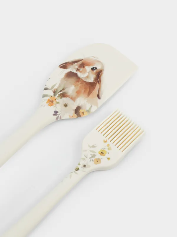 Пісіруге арналған жиынтық, 2 зат, қалақша/щетка, силикон, сүт түстес, Гүлдері бар қоян, Natural Easter, image-3