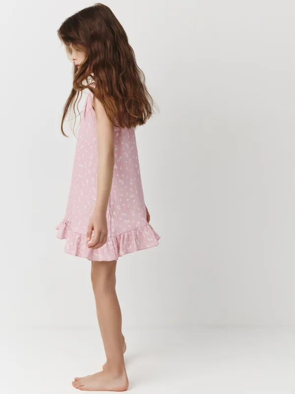 Балалар көйлегі, өлшемі 98 см, белдіктері бар, желбіршектері бар, муслин, қызғылт, Гүлдер, Hayley, image-3