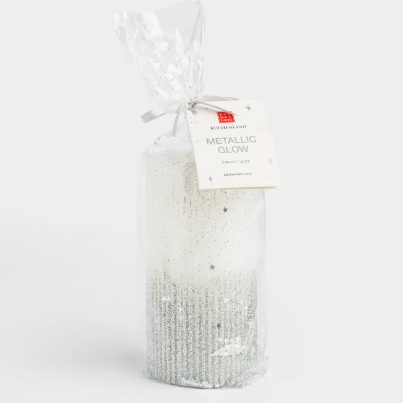 Свеча, 15 см, цилиндрическая, с блестками, бело-серебристая, Metallic glow, image-4