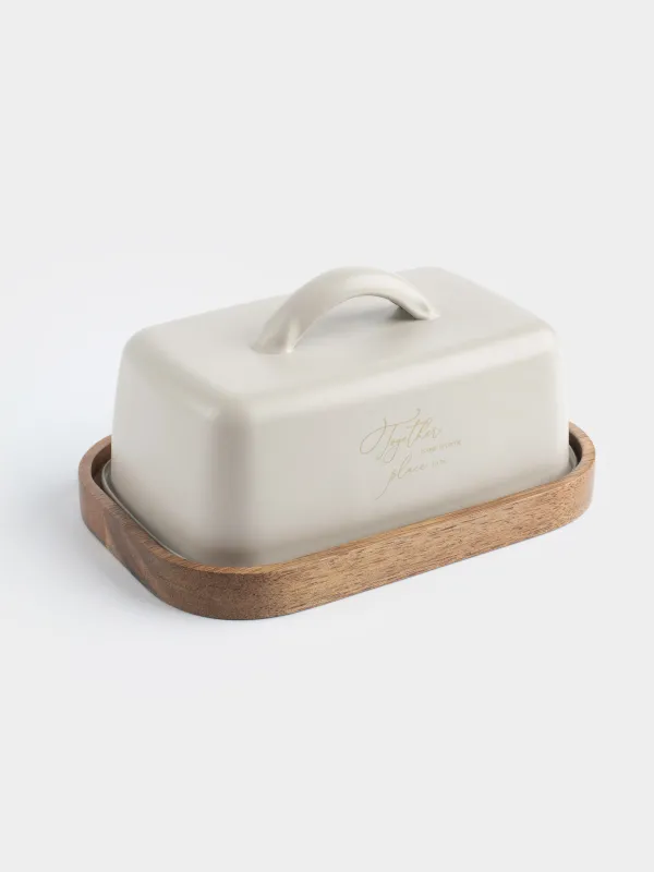 Сары май ыдысы, 17 см, керамика/тікбұрышты ағаш, сүт түстес, Ritlen, image-1