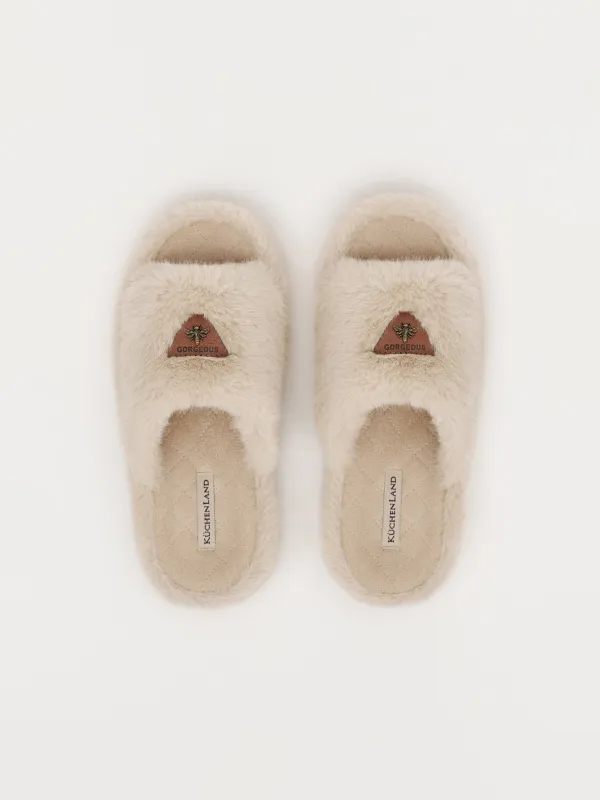 Тапочки женские, домашние, искусственный мех/замша, бежево-оранжевые, Пчела, Shaggy, image-1