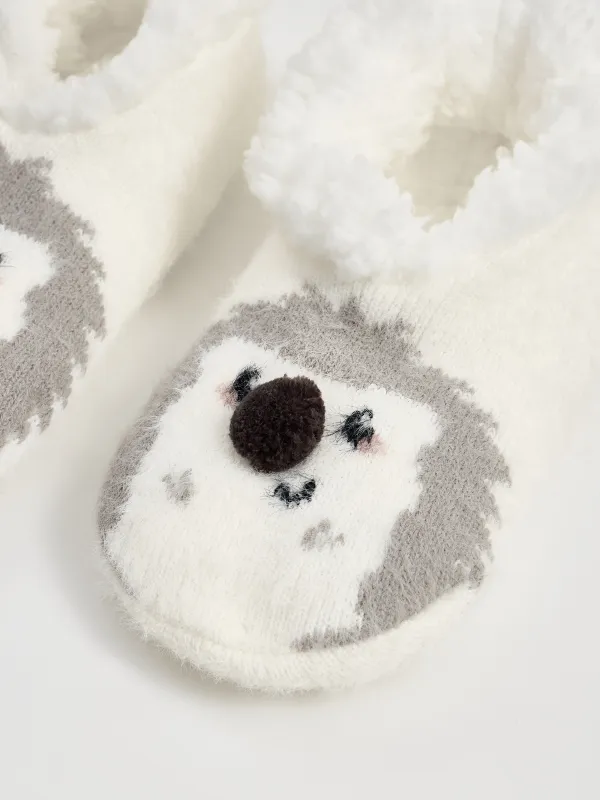 Балалар шұлықтары, үйге арналған, өлшемі 27-29, помпоны бар, акрил/шерпа, сүт түстес, Кірпі, Funny warm, image-1