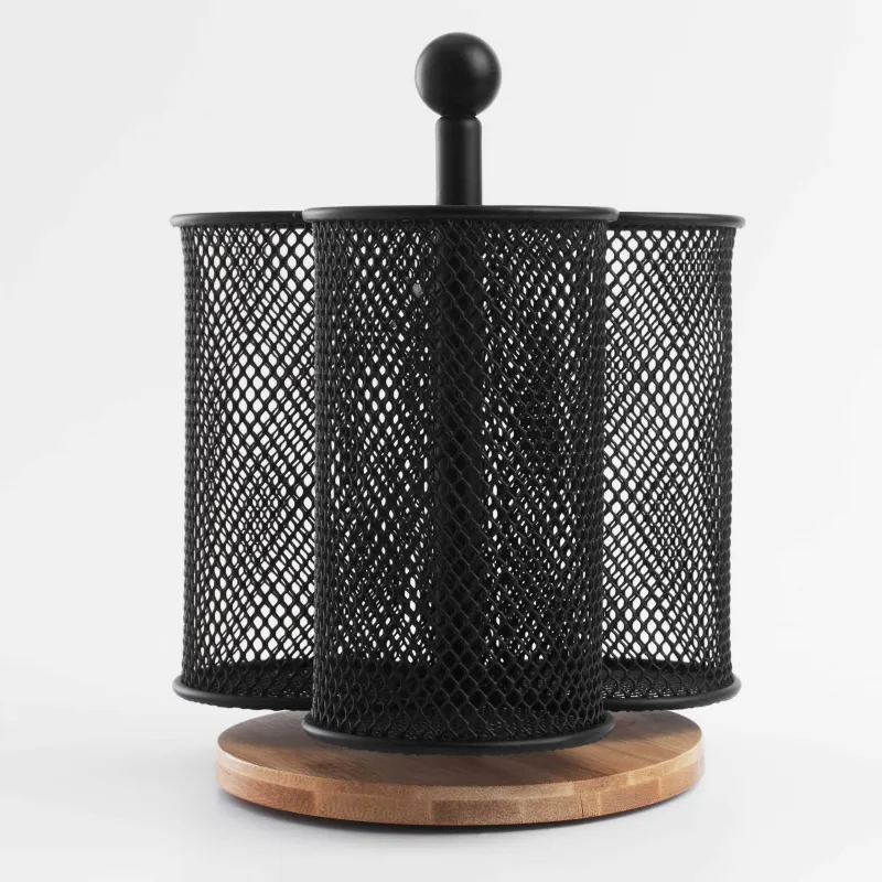 Подставка для кухонных принадлежностей, 15 см, 3 отд, с ручкой, металл/бамбук, черная, X-Loft, image-1