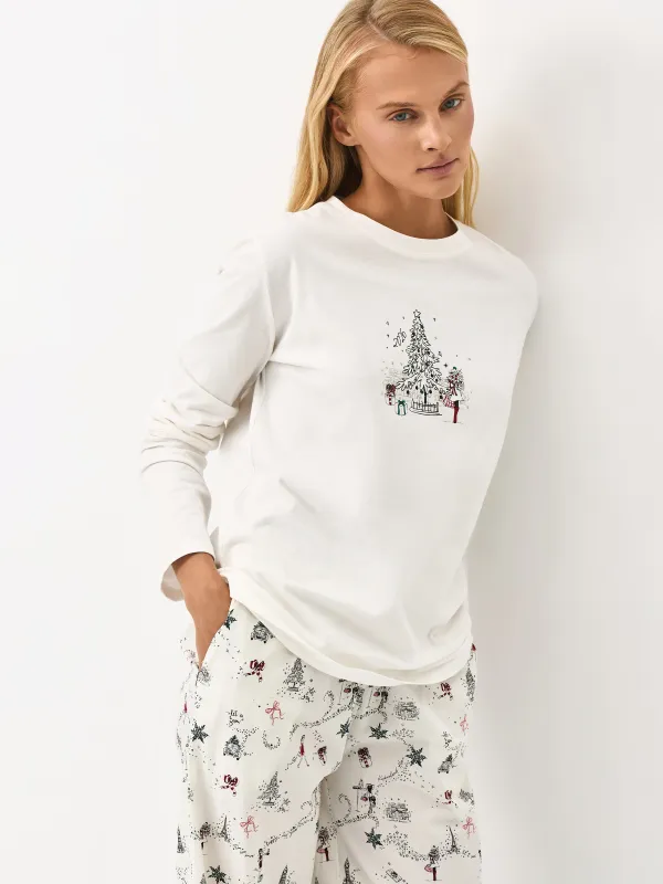 Әйелдерге арналған лонгслив, үйге арналған, өлшемі S, мақта, сүт түстес, Жаңа жылдық өрнек, Ransina, image-0