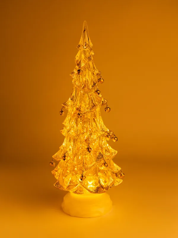 Мүсінше, жарықтандырылған, 32 см, акрил, ақ және алтын түстес, Ұшатын қары бар шырша, Golden style, image-4