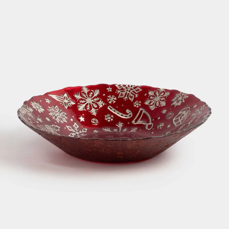 Ваза для фруктов, 30х6 см, стекло, красная, Снежинки, Brumal