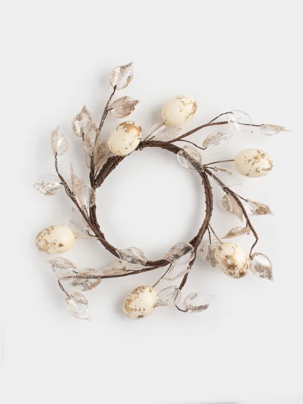 Венок декоративный, 18 см, Золотистые листья и яйца, Rustic Easter decor, image-0