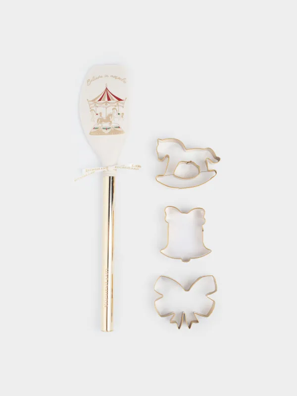 Пісіруге арналған жиынтық, 4 зат, қалақша/қалыптар, силикон/болат, сүт және алтын түстес, Айналма әткеншек, Bakery gold, image-0