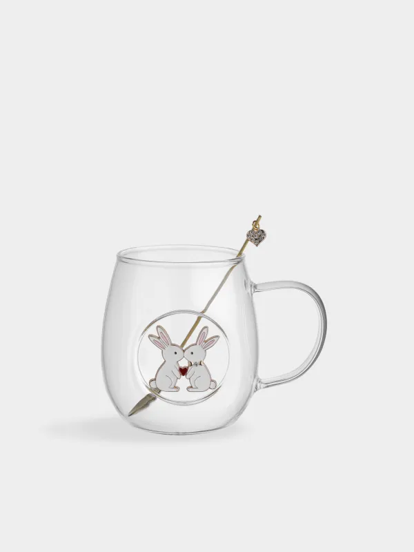 Кружка, 470 мл, с ложкой, стекло Б/металл, Белые кролики, Lux elements, image-0