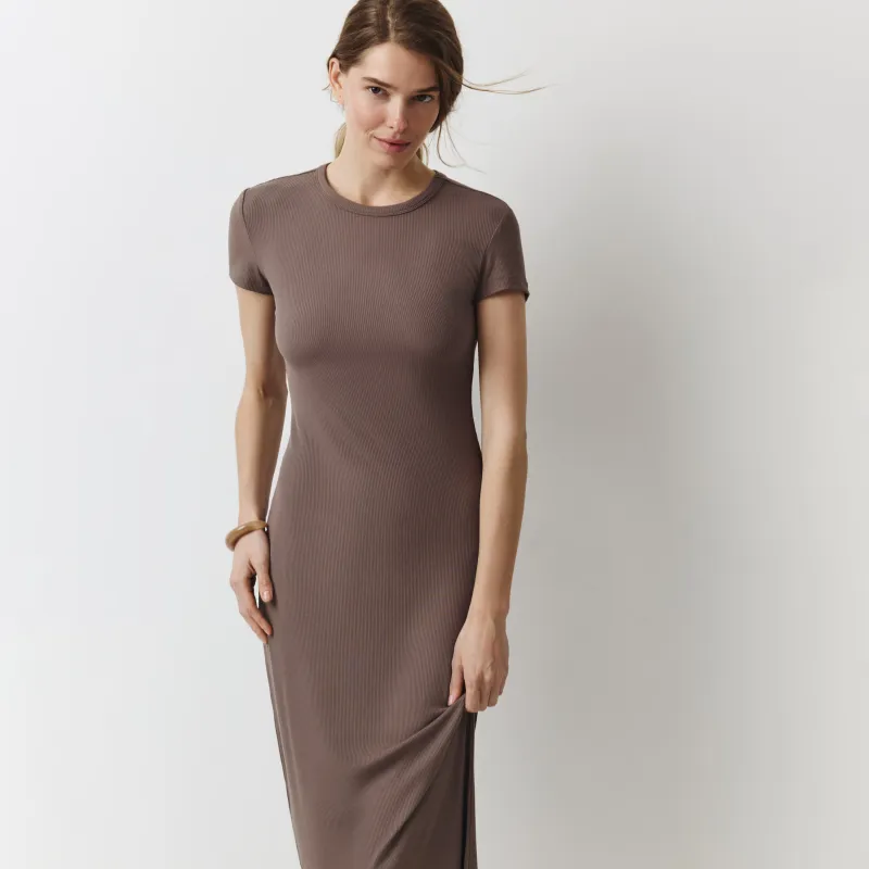 Әйелдер көйлегі, макси, өлшемі L, қысқа жеңді, қырлы, модал/спандекс, мокко, Cirila