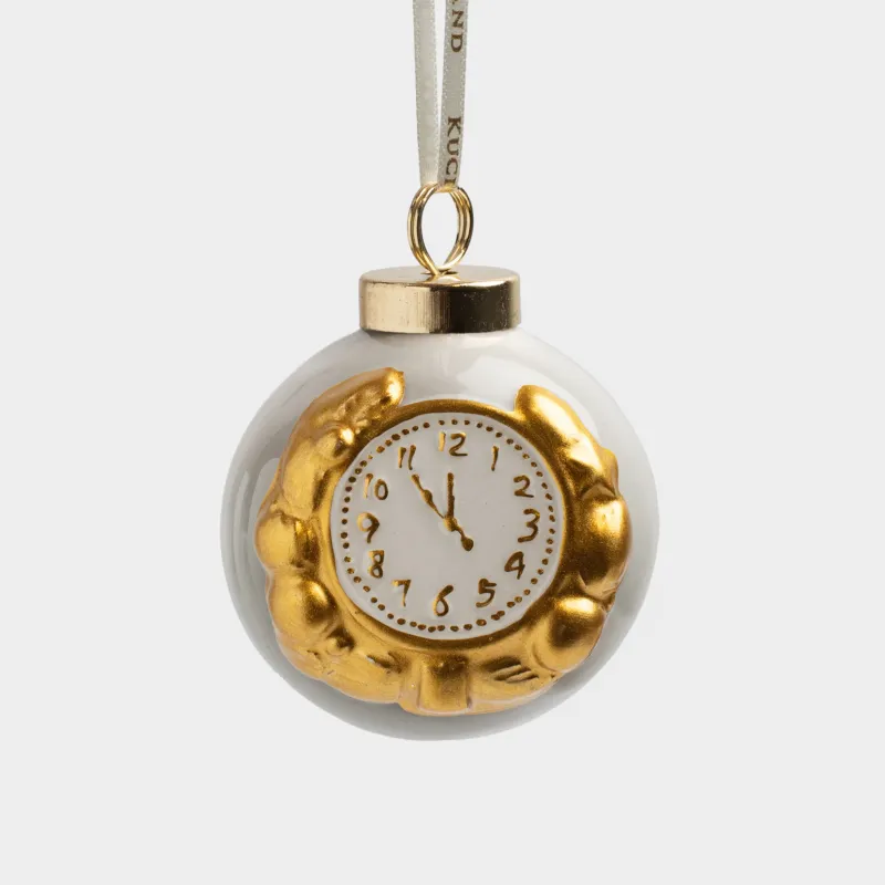 Игрушка елочная, 6 см, керамика D, бело-золотистая, Шар, Часы, Ball christmas