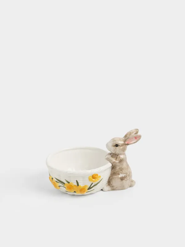 Кәмпит ыдысы, 22х13 см, керамика, сүт түстес және сарғылт-қоңыр, Себет пен гүлдері бар қоян, Rabbit in narcis, image-3