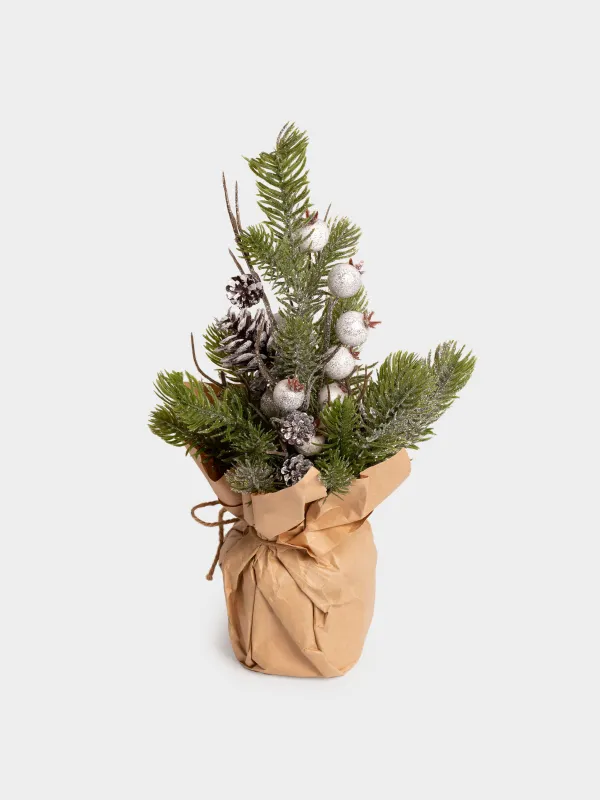 Сәндік композиция, 30 см, крафтта, пластик/пенопласт, Ақ жидектер мен шырша бүршіктері, White berry, image-0