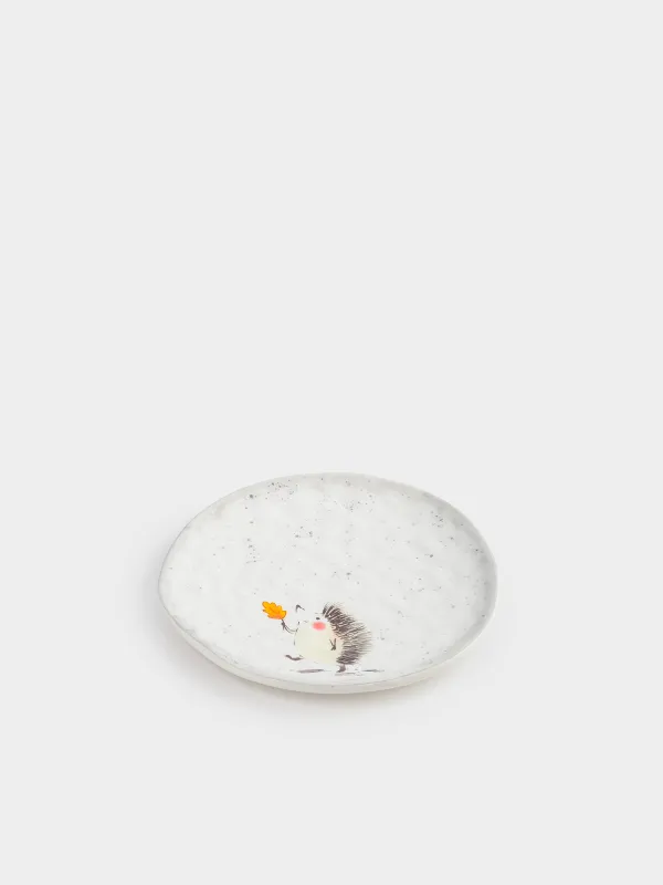 Тіскебасар тәрелкесі, балаларға арналған, 19 см, керамика, сүт түстес және сұр, дақты, Кірпі, Hedgehog walk, image-1