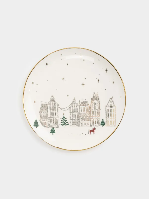 Түскі ас тәрелкесі, 27 см, фарфор N, сүт және алтын түстес, Үйлер мен жылқы, Snow sparks, image-0