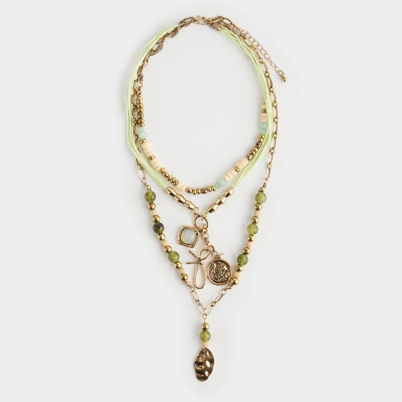 Тізбек, 70 см, көп деңгейлі, салпыншағы бар, металл/полиэстер, алтын, Тастар, Mineral