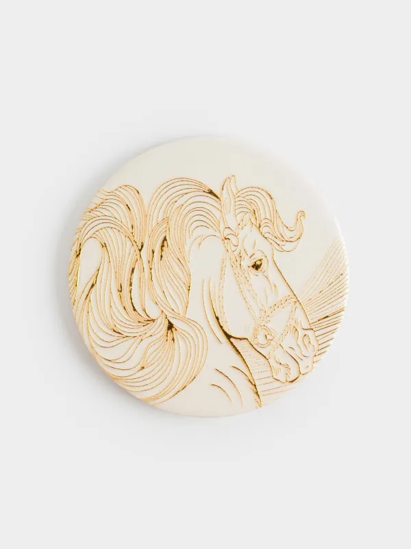 Подставка под кружку, 11 см, круглая, керамика/пробка, молочная, Золотистая лошадь, Horse gold, image-0