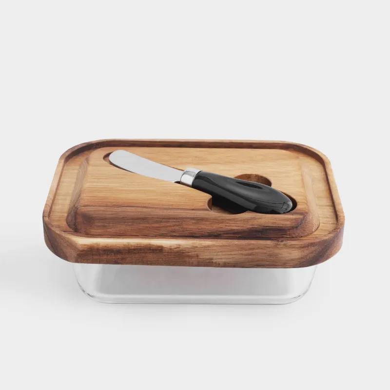 Сары май ыдысы, 18 см, пышақпен, ағаш/шыны/болат, тікбұрышты, Noble tree