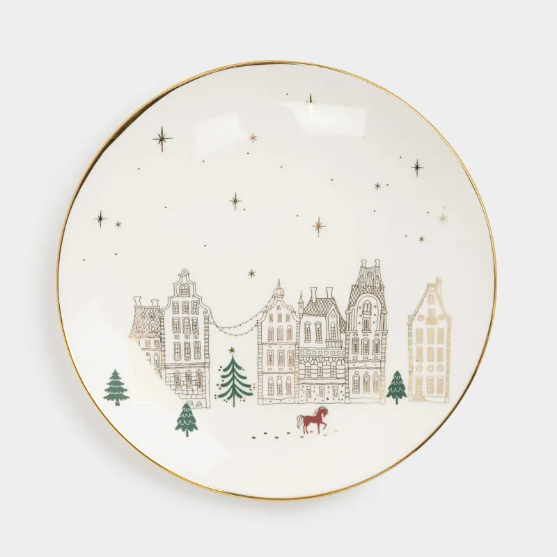 Тіскебасар тәрелкесі, 20 см, фарфор N, сүт және алтын түстес, Үйлер мен жылқы, Snow sparks