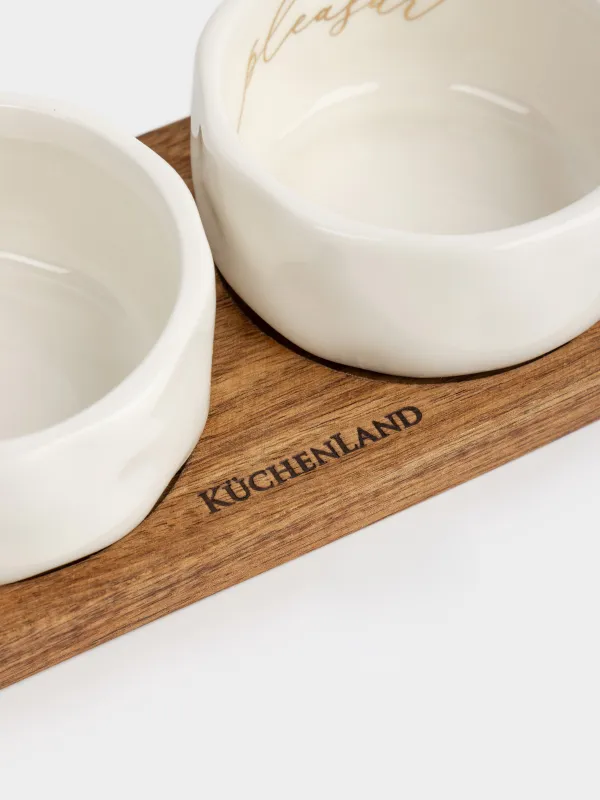 Набор для закусок, 3 пр, на подставке, керамика/дерево, молочный, Мятый эффект, Crumple kitchen, image-2